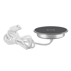 Silver-framed wireless charger built-in desktop fast charging pad with black top surface and white usb cable