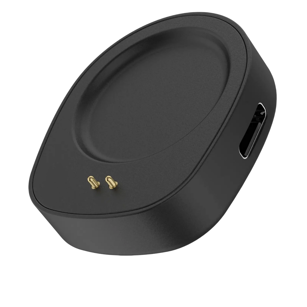 Black matte-finish wireless charger converter case for Amazfit smartwatches with gold contact pins and usb-c port visible