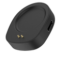 Black matte-finish wireless charger converter case for Amazfit smartwatches with gold contact pins and usb-c port visible