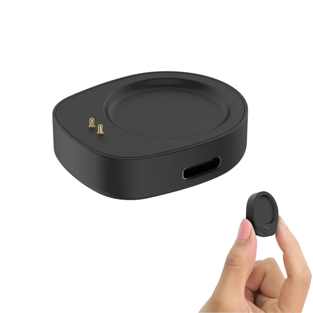 Black rectangular wireless charger converter with gold contact pins and usb-c port with matching circular magnetic cover for amazfit smartwatches