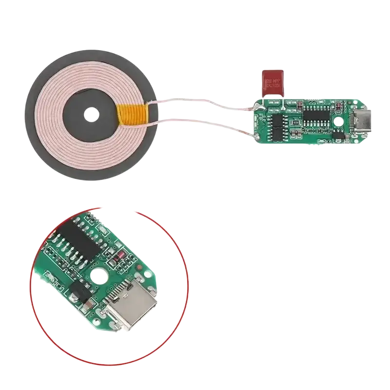 Wireless charger diy transmitter module circuit board with circular pink coil receiver and green pcb usb-a port