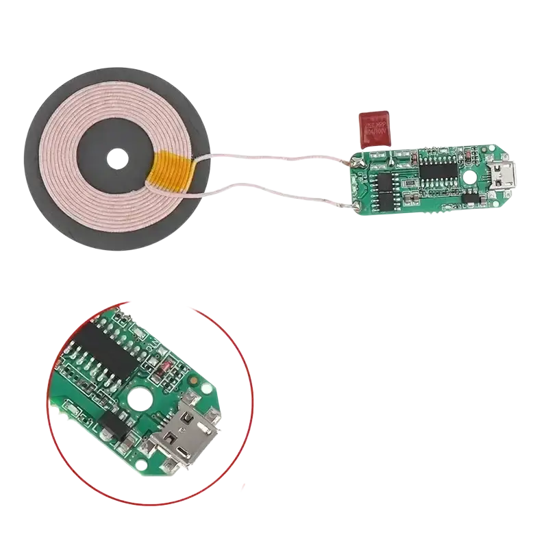 Wireless charger diy transmitter module circuit board with green pcb, copper wire winding, and usb port for wireless charging
