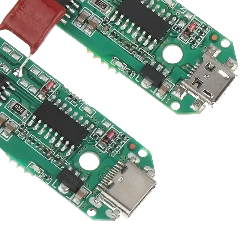 Green circuit boards with black integrated circuits and silver usb ports for wireless charger diy transmitter module circuit board