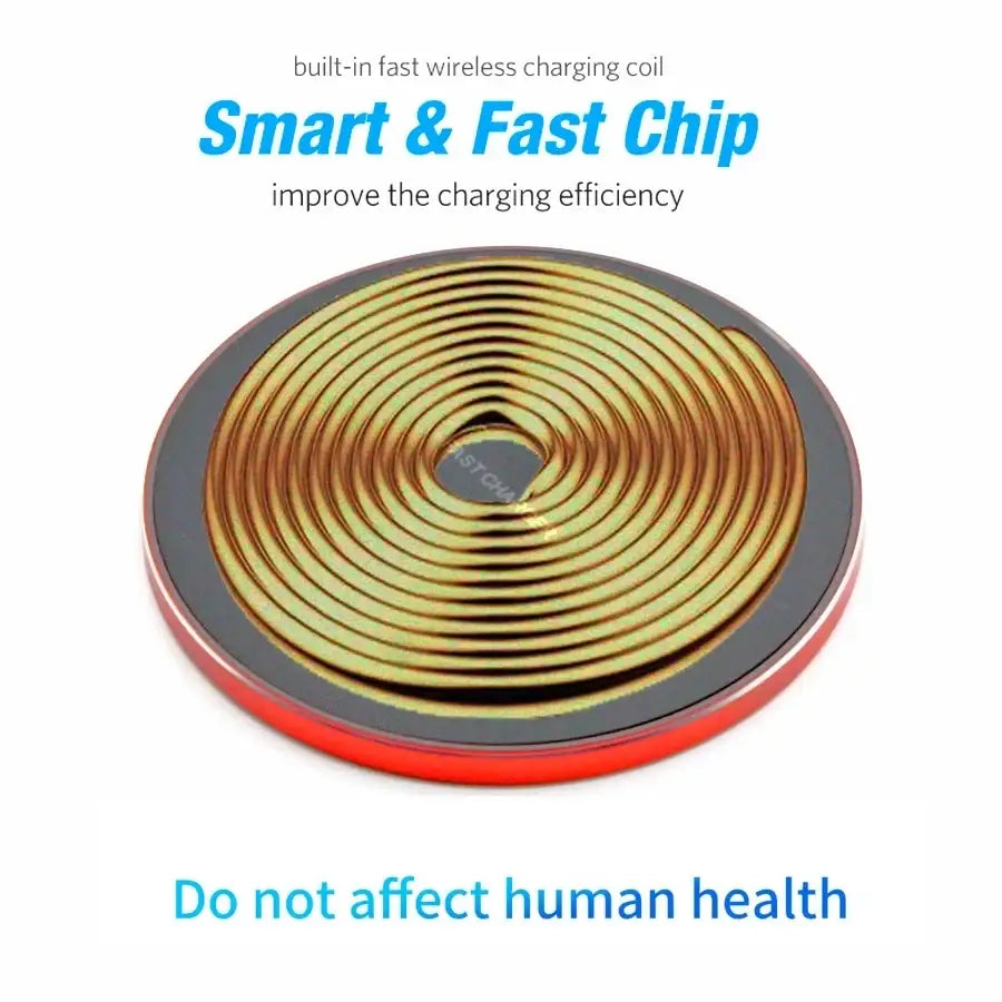 Circular wireless charger fast charge pad for Xiaomi with red and black rim and gold concentric coils at center