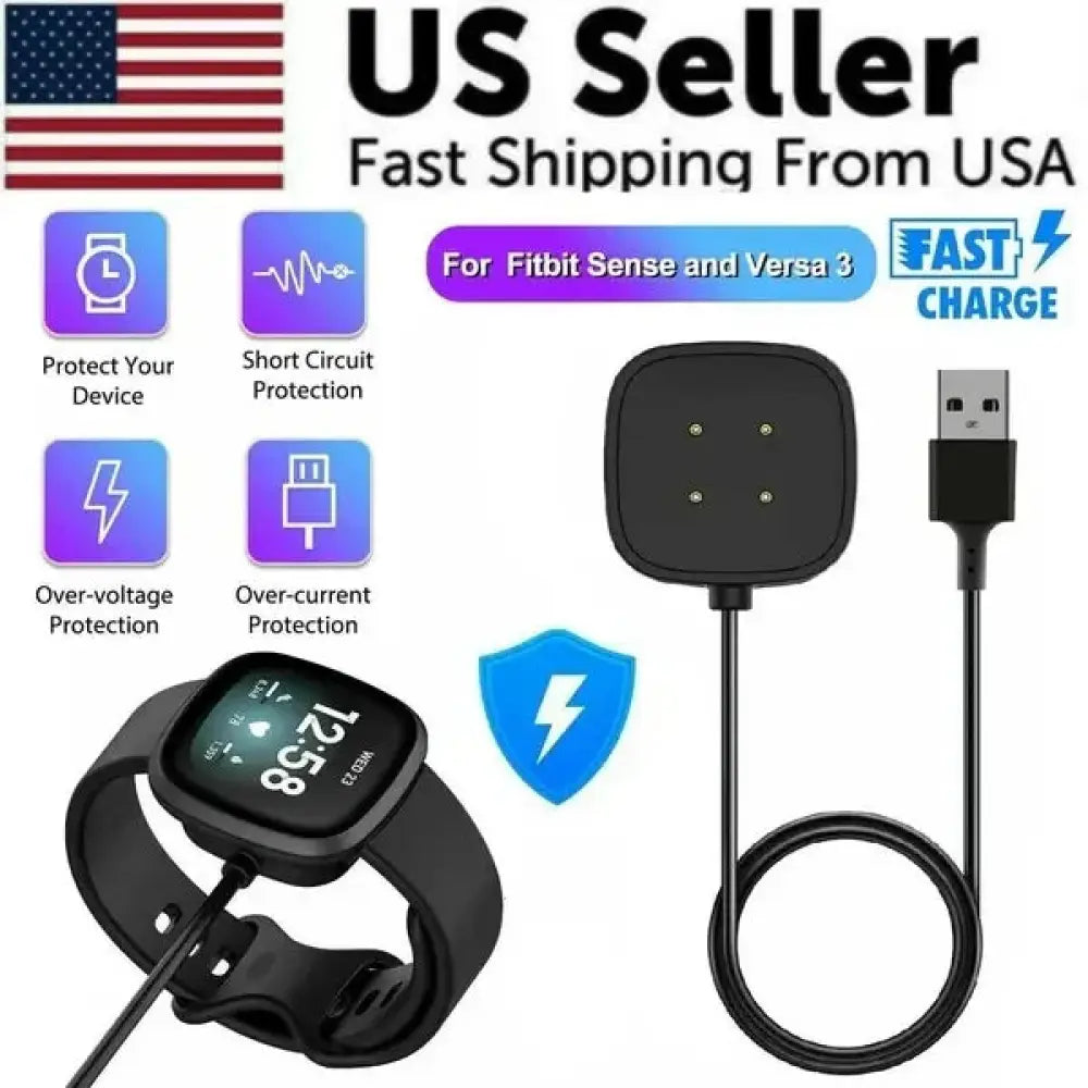 Black magnetic usb fast charging dock and cable for Fitbit Sense and Versa 3 smartwatches in durable material