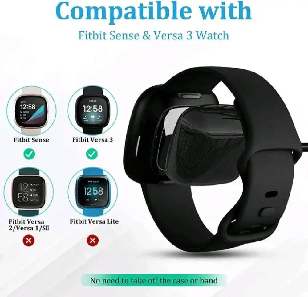 Black silicone fast charging dock for Fitbit Sense and Versa 3 with 4 magnetic USB connectors for efficient charging