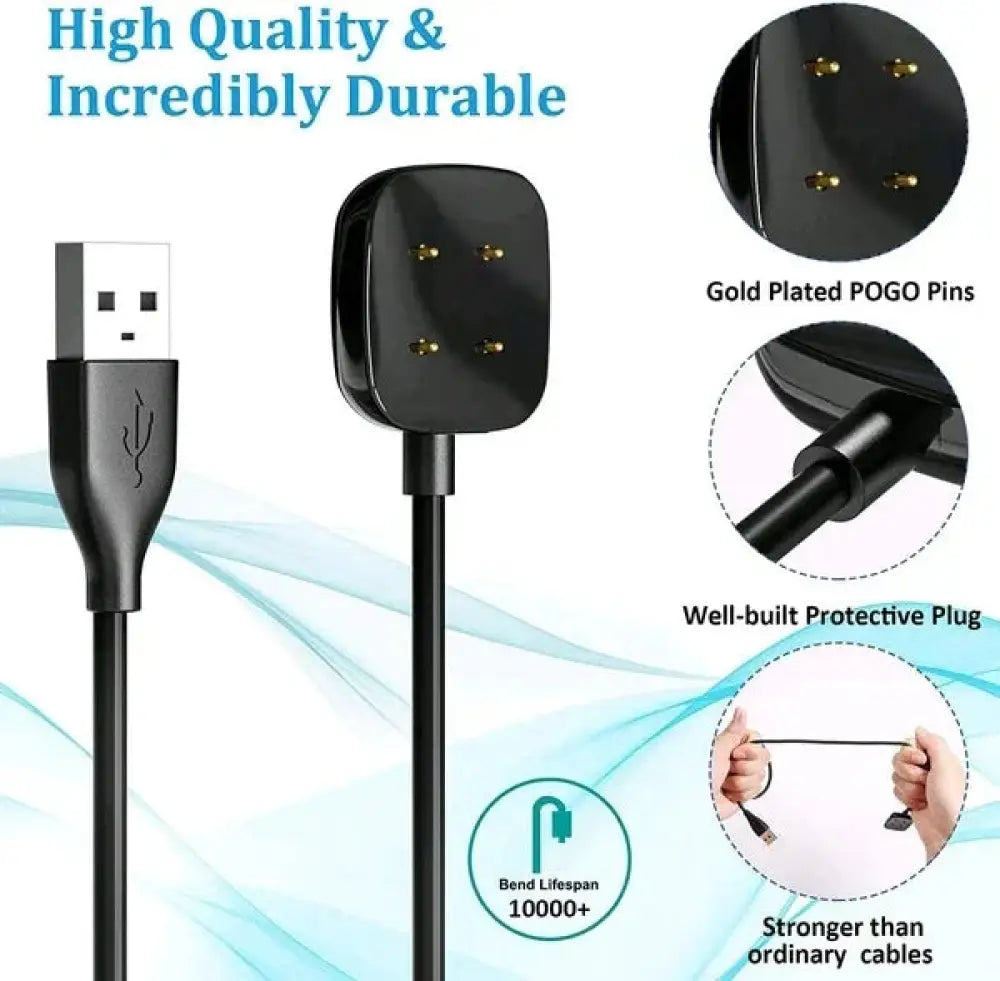 Black usb charging cable with gold-plated pogo pins and protective plug for fitbit sense and versa 3 4 fast charging dock