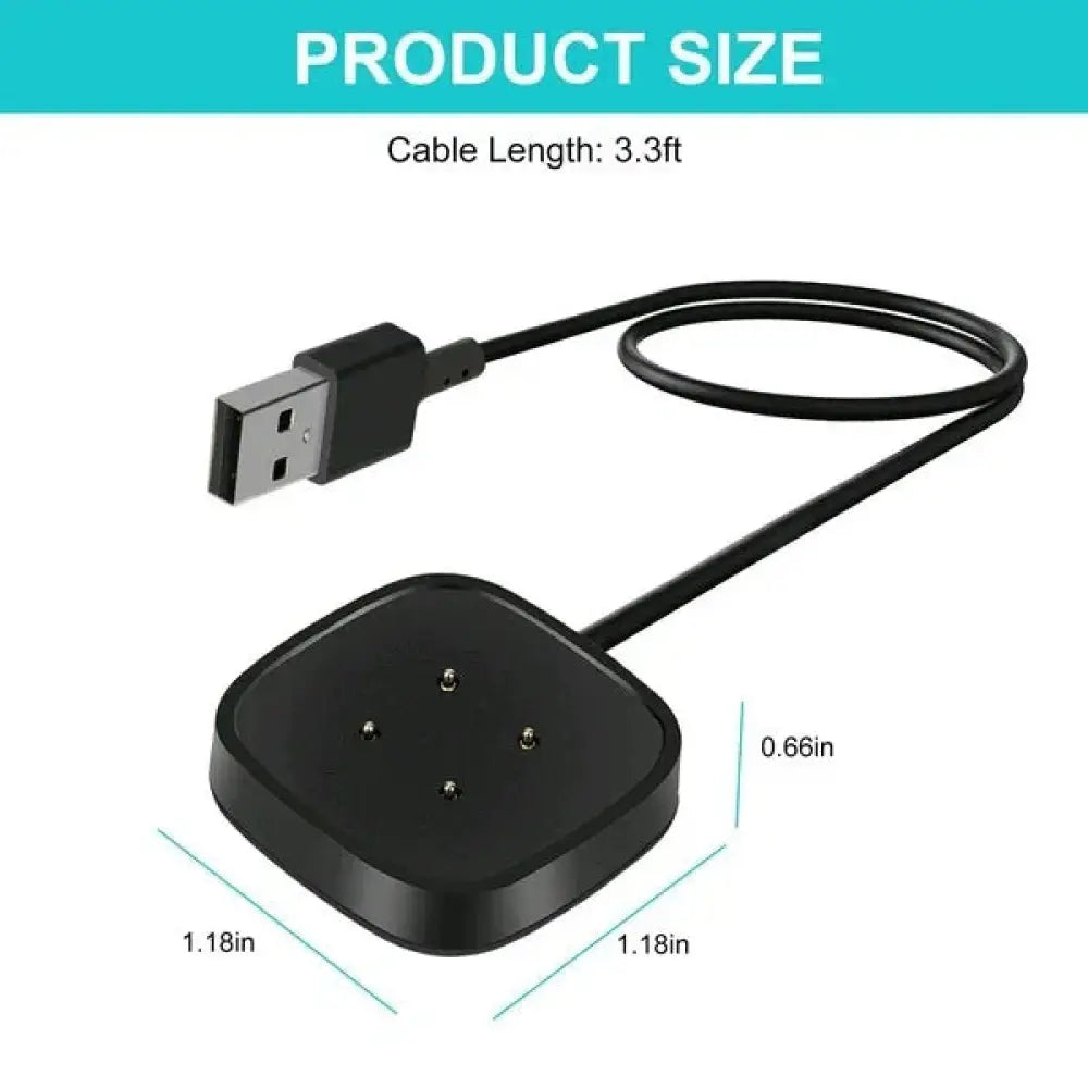 Black rectangular magnetic usb fast charging dock with 3.3ft cable and four contact points for fitbit sense and versa 3 4