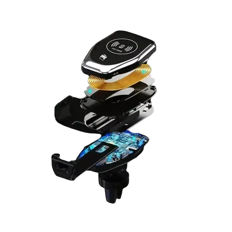 Wireless charger gravity car mount air vent with sleek black and silver top plate gold coil and blue-lit wireless charging board