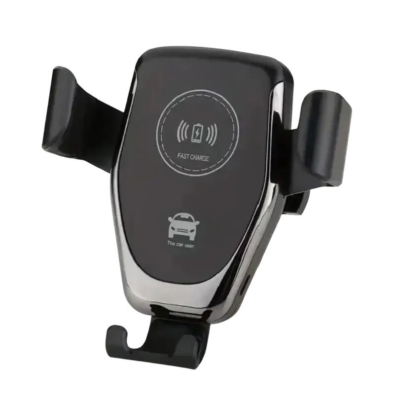 Black and chrome wireless charger gravity car mount air vent with adjustable clamps supports wireless charging
