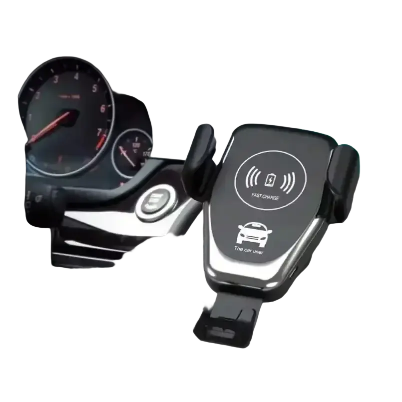 Black and silver wireless charger gravity car mount air vent with adjustable clamp for secure phone placement supporting wireless charging