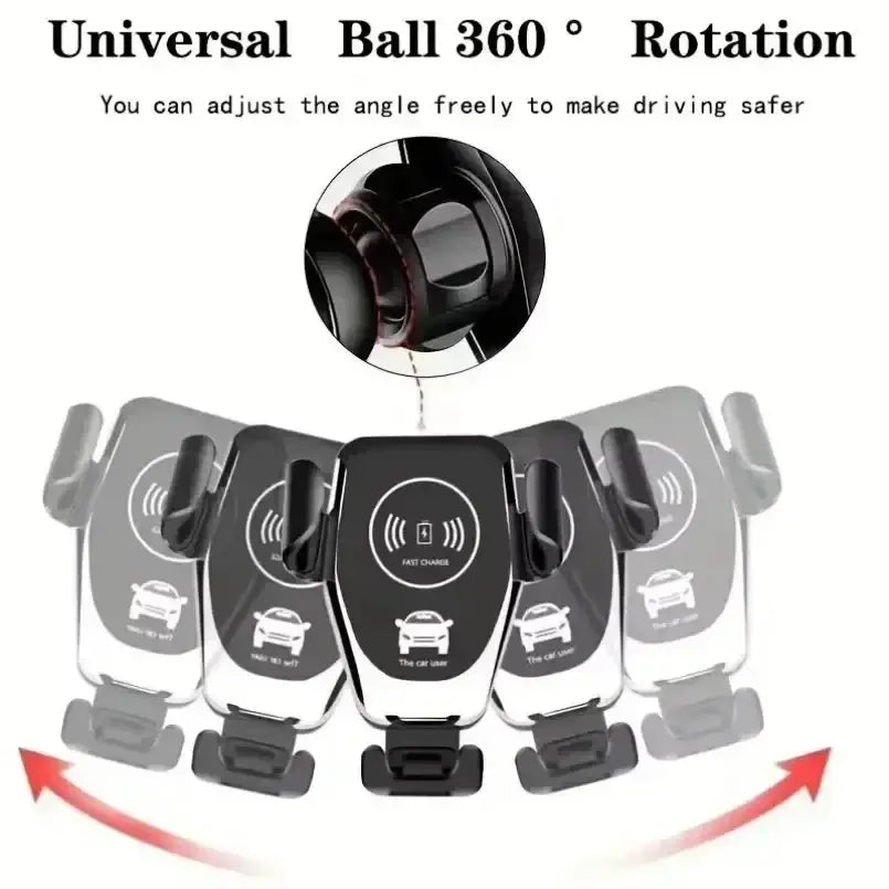 Black and silver universal car phone holder with 360-degree rotation and wireless charging support for air vent mounts