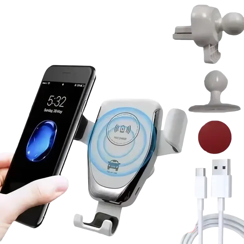 Silver and black wireless charger gravity car mount with sleek modern design for air vent support wireless charging in car
