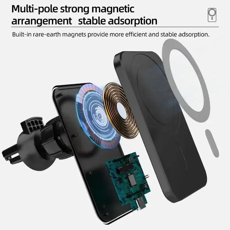 Black wireless charger magnetic car mount with multi-pole strong magnets and built-in rare-earth magnets for stable adsorption