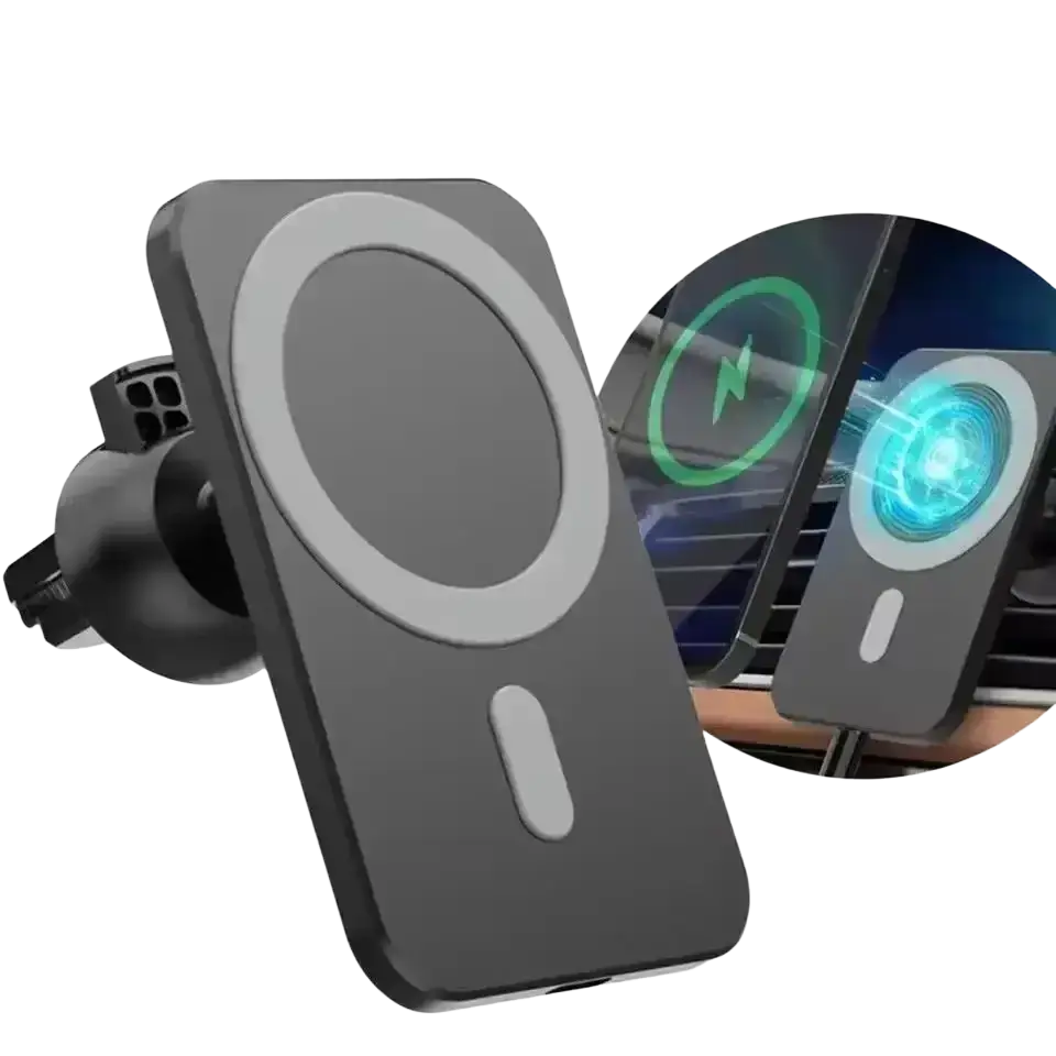Black wireless charger magnetic car mount with circular charging pad and sleek minimalist design for iPhone use