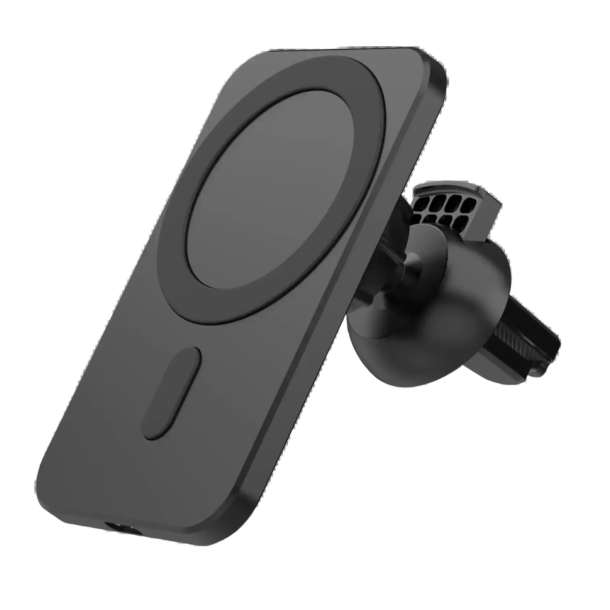 Black magnetic wireless charger car mount with circular charging pad and adjustable clamp for iPhone use