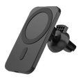 Black magnetic car mount wireless charger with circular charging pad and adjustable air vent clip for iphone use