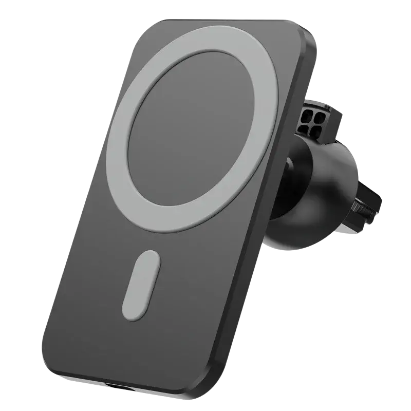 Wireless charger magnetic car mount for iPhone in black and gray with a sleek rectangular design and circular charging pad