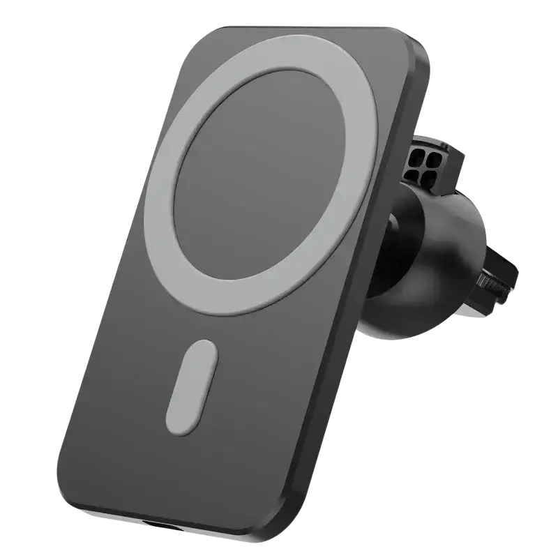 Black and gray wireless charger magnetic car mount with circular charging pad for iphone use in vehicles