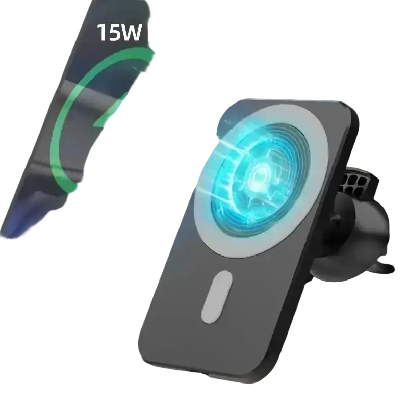 Gray magnetic car mount wireless charger with glowing blue 15w charging pad for iphone use in car