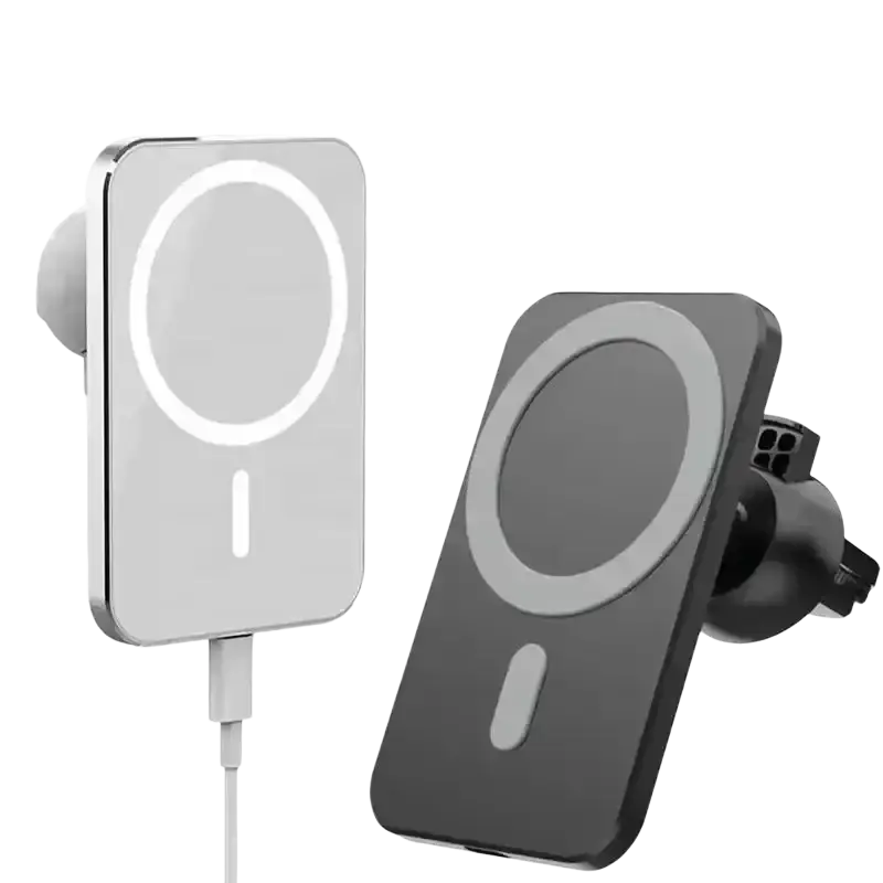 Two sleek white and black wireless charger magnetic car mounts with circular illuminated charging pads for iPhone