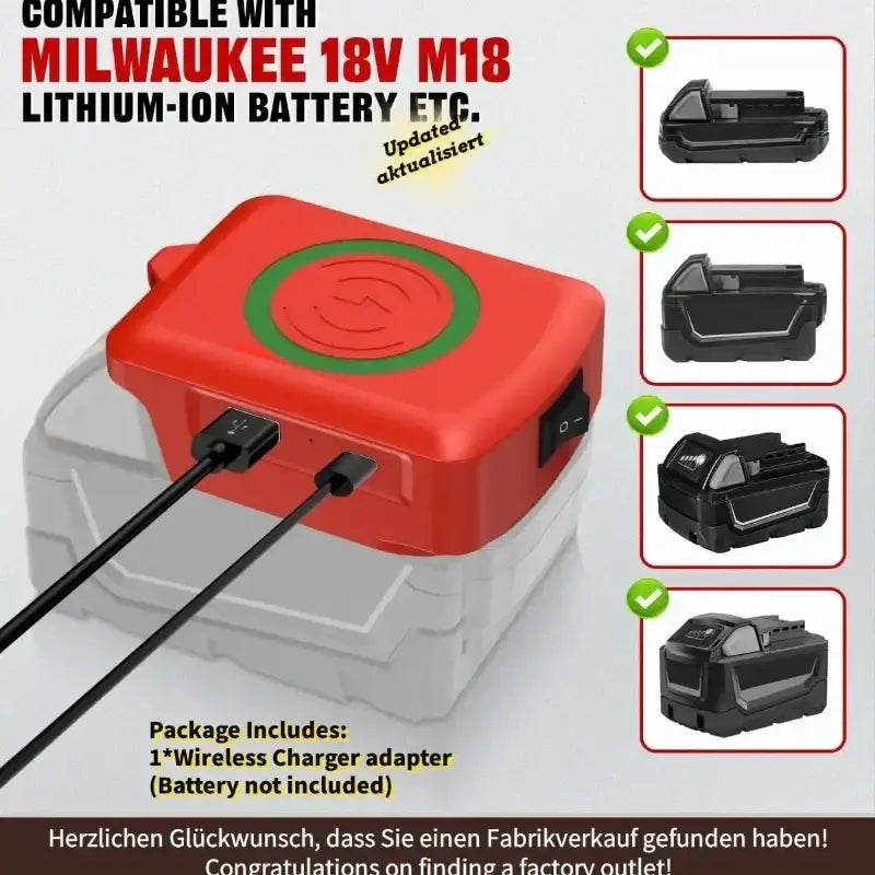 Red wireless charger adapter with green charging symbol for milwaukee 18v m18 lithium-ion batteries usb type-c wireless charging