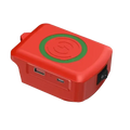 Red plastic wireless charger with green circular charging pad and usb ports for milwaukee 18v usb type-c adapter