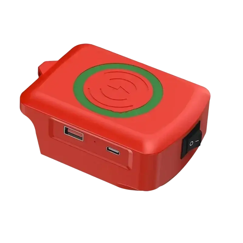Red plastic wireless charger with green circular charging pad and usb ports for milwaukee 18v usb type-c adapter