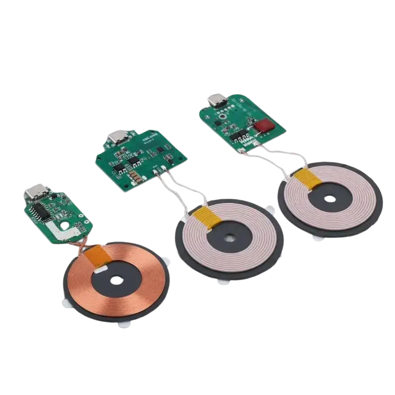 Wireless charger module 15w with copper and black coils connected to green pcba board via white wires for fast charging power supply
