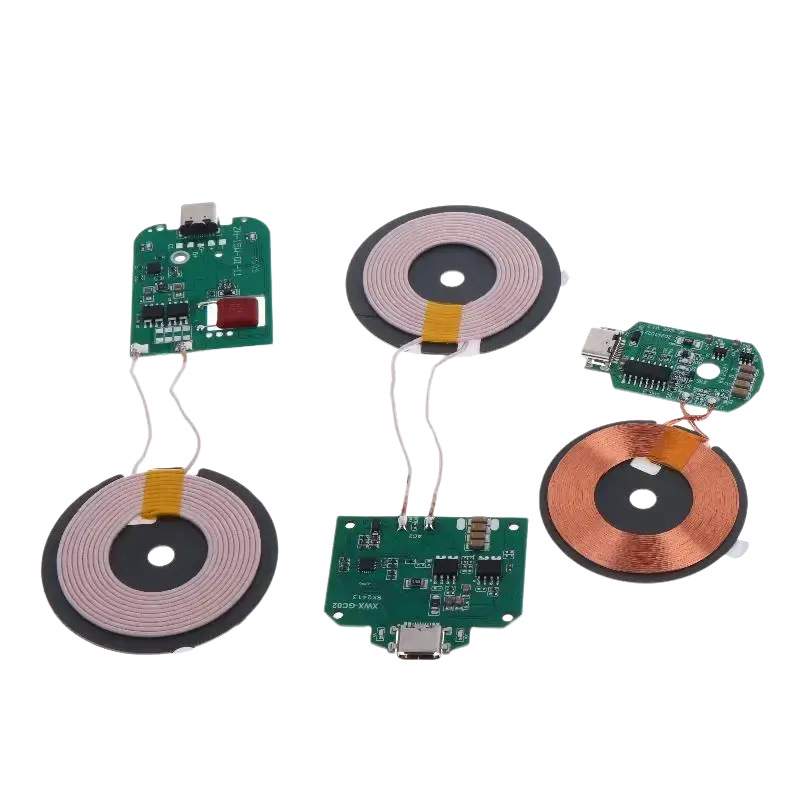 Wireless charger module 15w type c fast charging pcba board with green pcb, copper coils, black pads, and usb type-c connectors