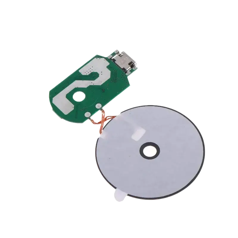 Green circuit board wireless charger module with USB type C connector and translucent gray wireless charging coil for fast charging