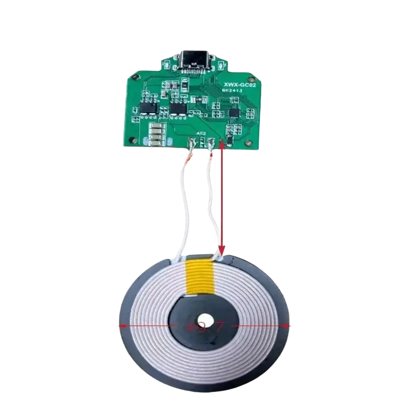 Wireless charger module 15w with circular coil black and silver metal finish connected to green circuit board xwx-gc02