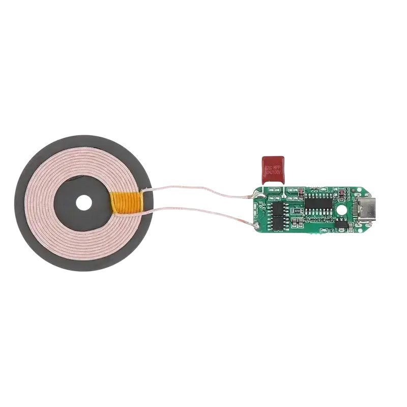 Wireless charger pcba 15w type-c module featuring a pink wireless charging coil and green circuit board with usb port