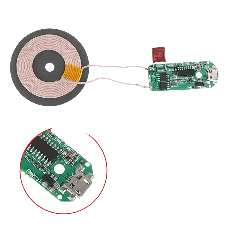 Wireless charger pcba 15w type-c module with green pcb, usb port, and pink coiled wireless charging coil assembly