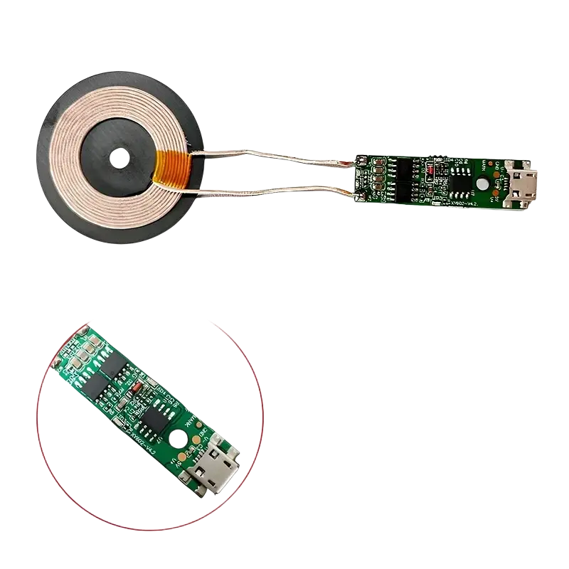 Wireless charger pcba 15w type-c module with green pcb, black coil base, copper winding, and micro-usb port for wireless charging future