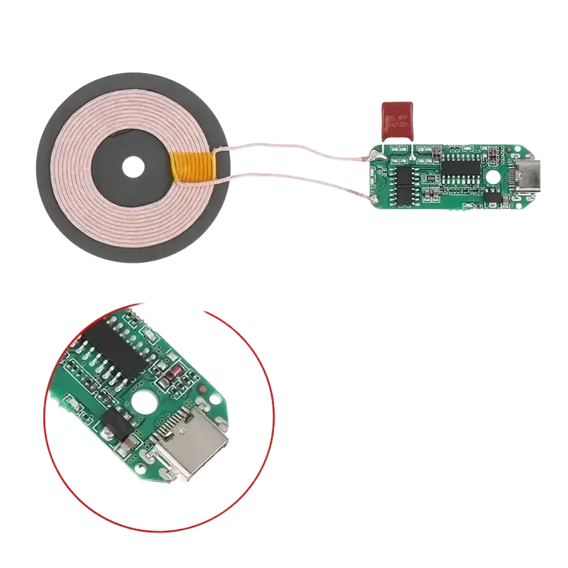 Wireless charger pcba 15w type-c module with circular pink wireless charging coil and green pcb featuring usb ports