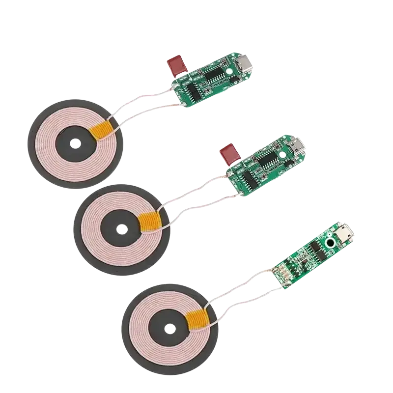 Wireless charger pcba 15w type-c module showing green circuit boards with wireless charging coils and orange connectors