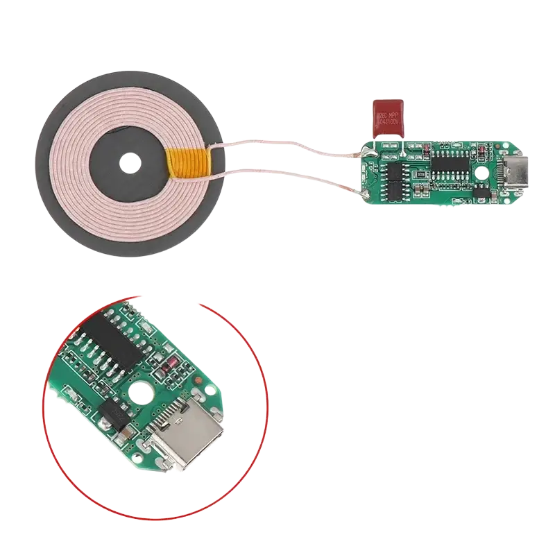 Wireless charger pcba 15w type-c module with green circuit board and circular coil for efficient wireless charging