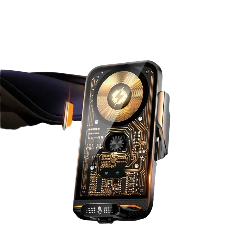 Black and gold wireless charger phone holder with circuit board design mounted in car air vent for wireless charging