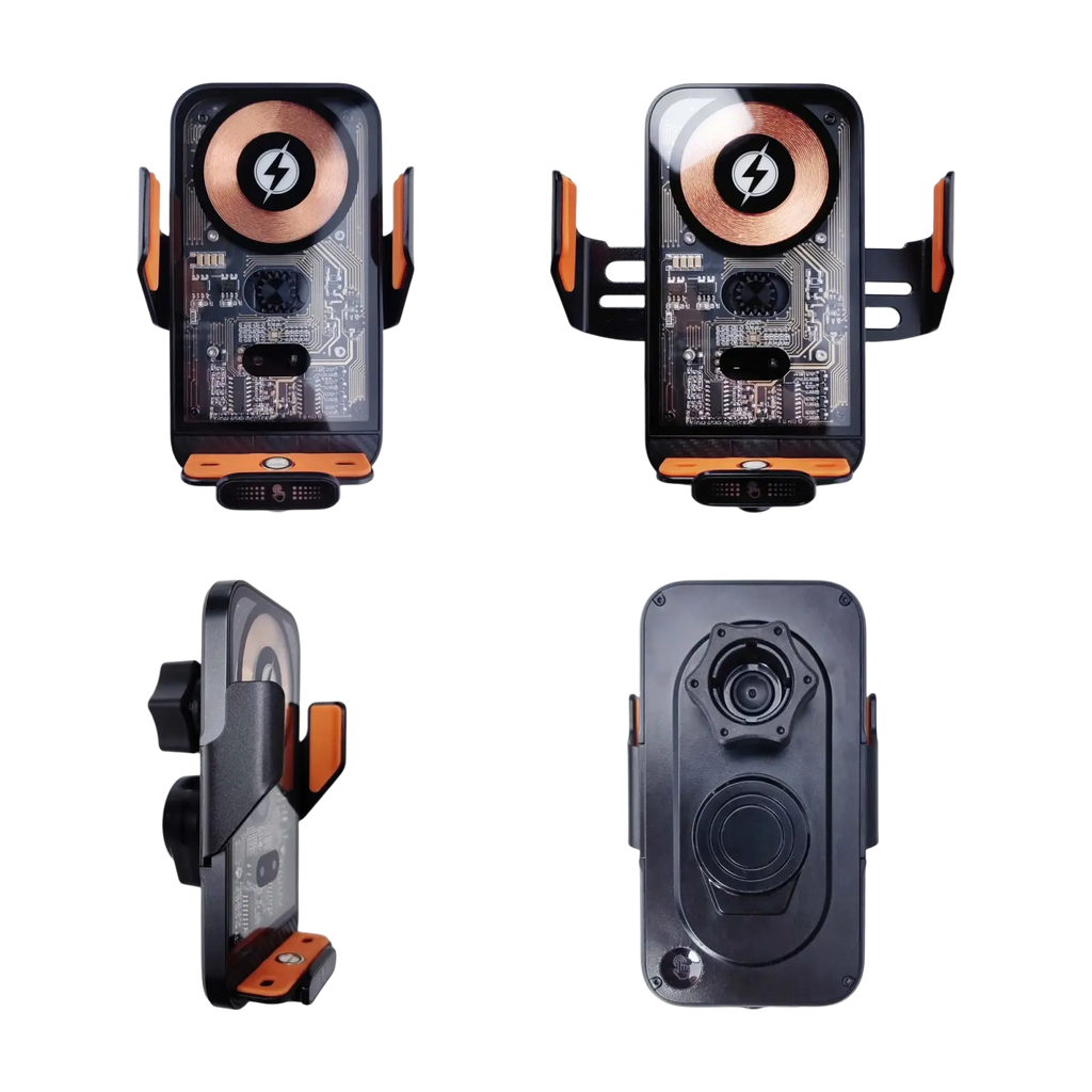 Black and orange wireless charger phone holder with copper circular pad and lightning bolt for air vent mount wireless charging