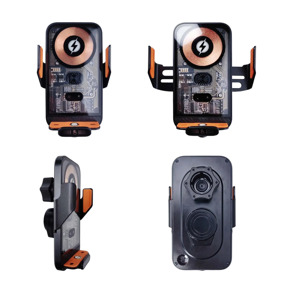 Black and orange wireless charger phone holder with copper circular pad and lightning bolt for air vent mount wireless charging