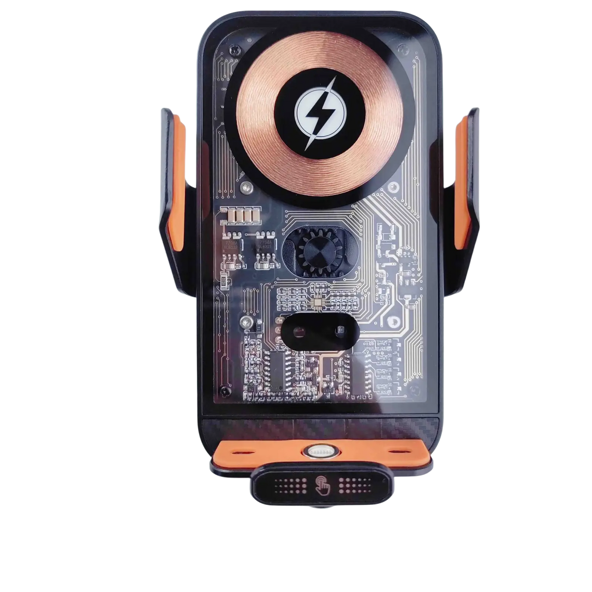 Black and orange wireless charger phone holder with copper coil circuit board design and magnetic suction base for air vent mount