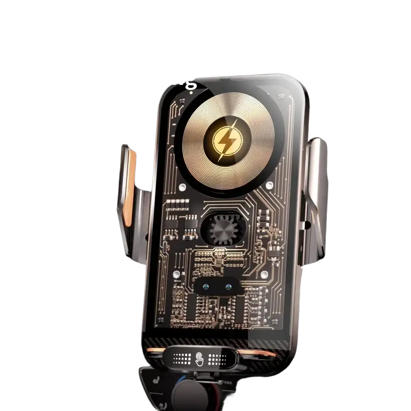 A sleek black and gold wireless charger phone holder with magnetic 66w wireless charging and circuit board design air vent mount