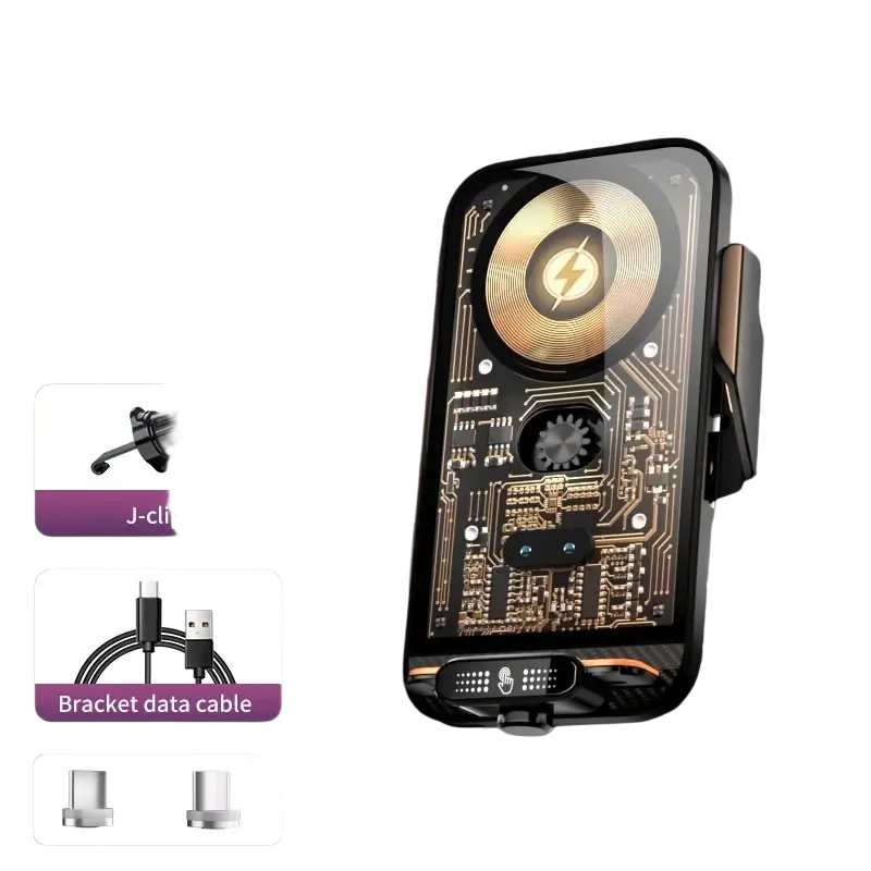 Black magnetic wireless charger phone holder with circuit board design and glowing lightning bolt logo for air vent mount