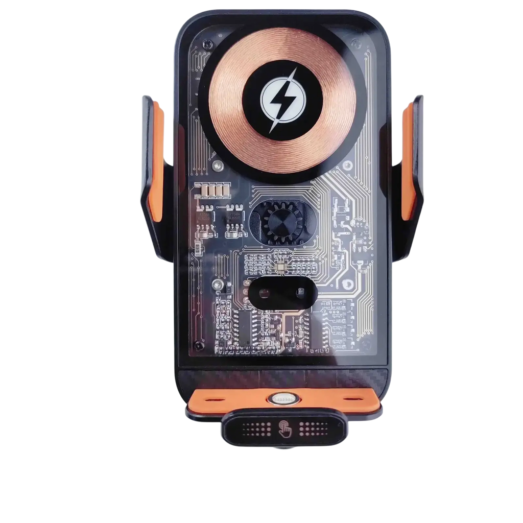 Black and orange wireless charger phone holder with visible copper coil circuit board and touch-sensitive control panel