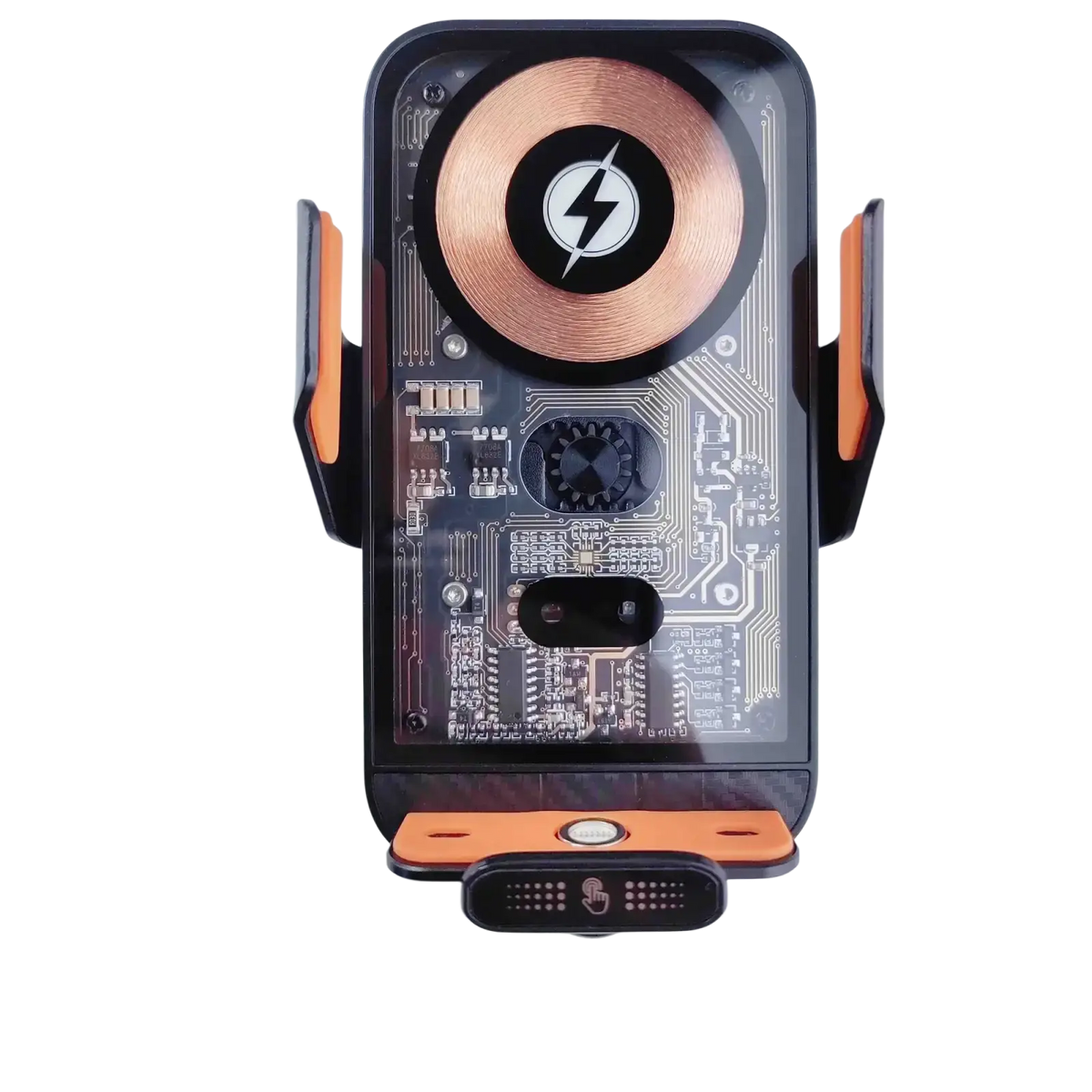 Black and orange wireless charger phone holder with visible copper coil circuit board and touch-sensitive control panel