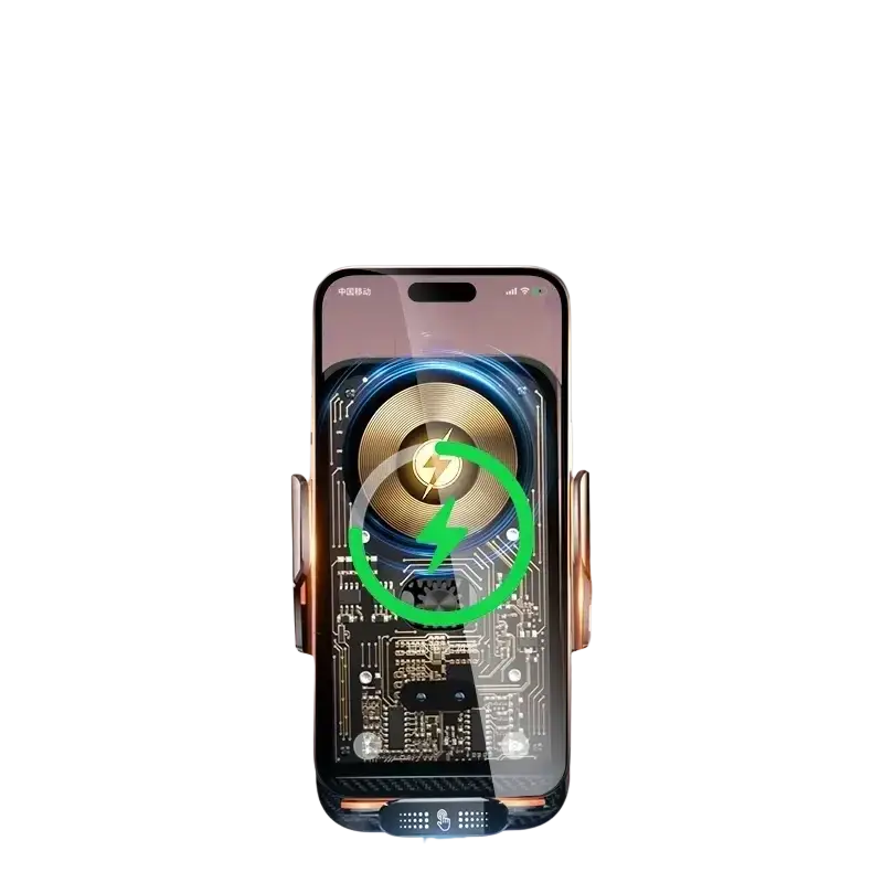 Rose gold wireless charger phone holder with circular circuit board design and glowing blue accents for wireless charging