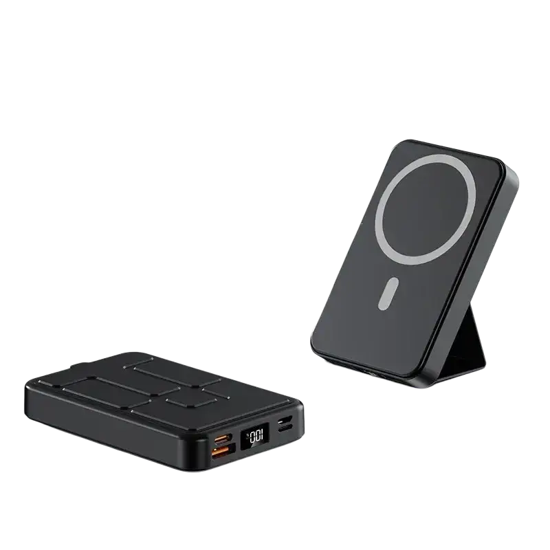 Black rectangular wireless charger power bank with magnetic quick charge stand for portable device charging