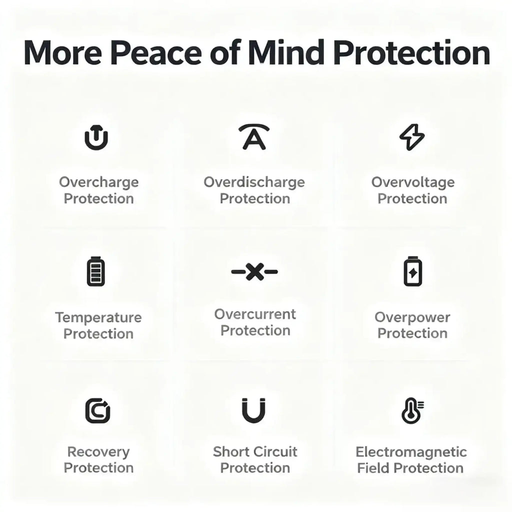 The wireless charger power bank with stand features nine black safety protection icons on a white background for quick charge use
