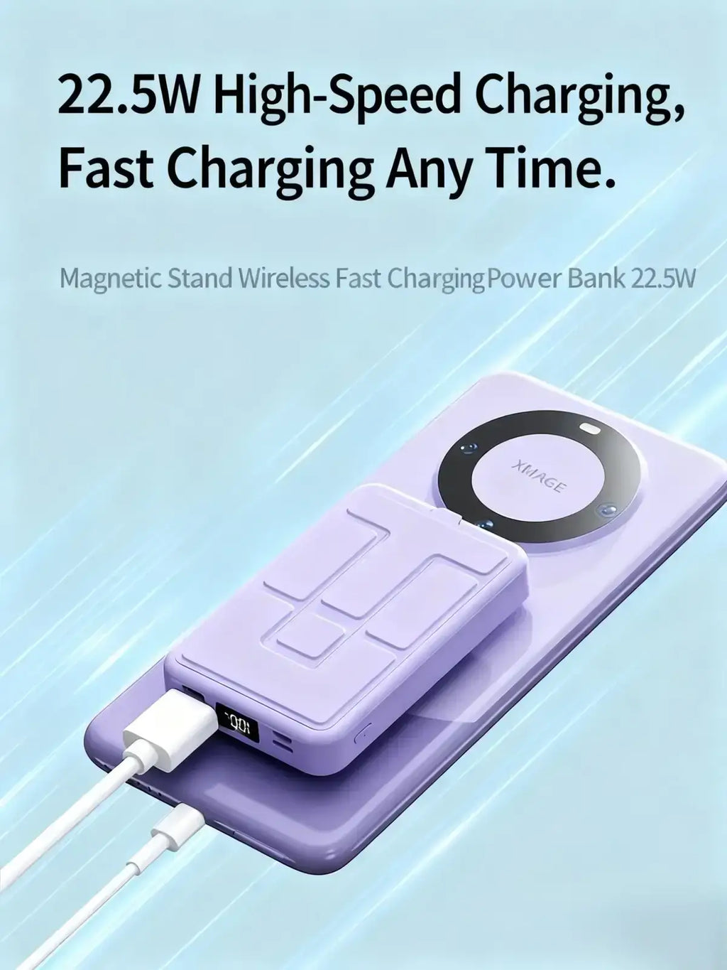 Lavender wireless charger power bank with magnetic stand quick charge and textured rectangular design for fast charging